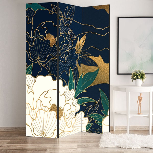 Gold Modern Flower Room Divider, Folding Screen, Room Divider - 3 and 5 panels, Decorative Room Separator, Free standing room divider