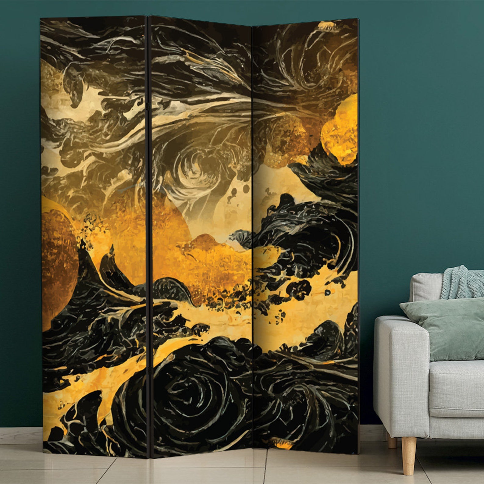 Golden Waves Abstract Room Divider, Minimalistic Style, Folding Screen ...