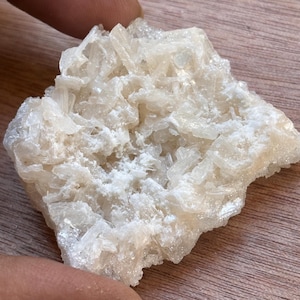 May include: A close-up of a raw, off-white selenite crystal cluster. The crystal has a rough, textured surface with many small, elongated crystal formations. The overall shape is irregular and natural, with a slightly translucent appearance.