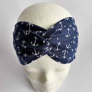 Headband Hairband Handmade Stretchy Various Sizes Turban Dark Blue Anchor Maritime