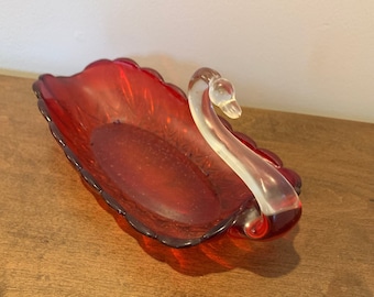 Vintage Red Glass Swan Bowl or Candy Dish - Very Unique!