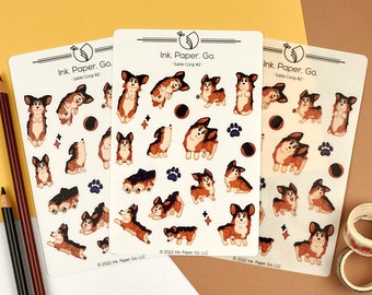 Sable Corgi #2 Kiss Cut Sticker Sheet | black sable corgi, brown sable corgi, cute cartoon corgi sticker, sable and white corgi, corgi lover