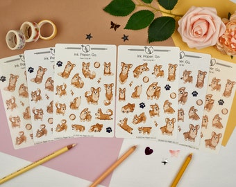 Fawn Corgis Kiss Cut Sticker Sheet Set | cute cartoon corgi stickers, corgi lover gift, yellow and white corgis, corgi puppy stickers, loaf