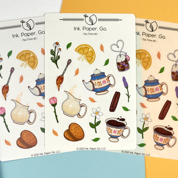 Tea Time #2 Kiss Cut Sticker Sheet | cute milk tea sticker, teapot sticker, flower stickers, lemon slice sticker, milk splash sticker