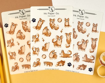 Fawn Corgi #1 Kiss Cut Sticker Sheet | yellow corgi sticker, fawn and white corgi, corgi puppy sticker, corgi with tail, corgi lover gift