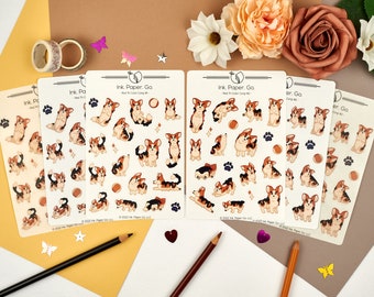 Red Tri Color Corgis Kiss Cut Sticker Sheet Set | corgi sploot stickers, red headed tri color corgi, fluffy corgi sticker, red black white