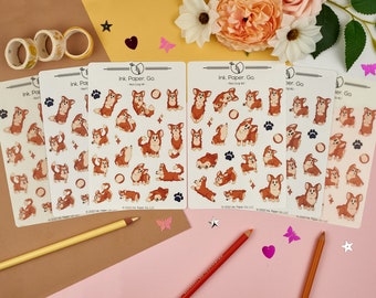 Red Corgis Kiss Cut Sticker Sheet Set | pembroke welsh corgi, cardigan welsh corgi, corgi lover gift, corgi with tail, pembroke with tail