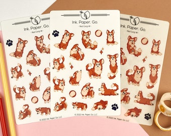 Red Corgi #1 Kiss Cut Sticker Sheet | cute corgi stickers, corgi scrapbooking stickers, corgi lover gift, corgi bujo sticker, red and white