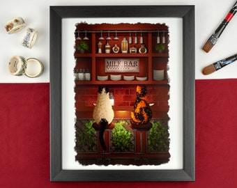 Kitty Milk Bar Art Print | eclectic home decor, tortie cat, tortoiseshell cat, siamese cat, bar decor, tortitude, cream, kitchen decor