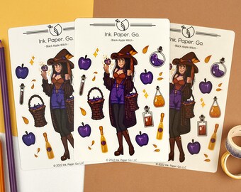 Black Apple Witch Sticker Sheet | 20 stickers | Matte or Glossy | Cider Basket Potions Autumn