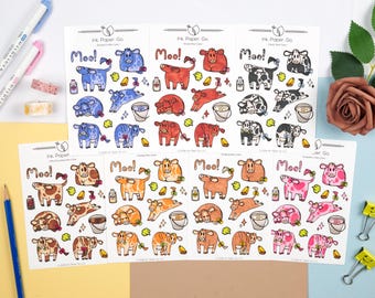 Many Moo Cows Sticker Set | 105 Stickers | Matte Glossy | Black White Brown Strawberry Chocolate