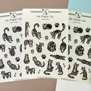 Silver Kitties Kiss Cut Sticker Sheet | grey tabby cat stickers, halloween stickers, shorthair cat stickers, silver tabby cat stickers