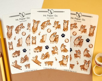 Fawn Corgi #2 Kiss Cut Sticker Sheet | cute yellow pembroke welsh corgi, bobtail corgi, short tail corgi, corgi sploot sticker, corgi gift