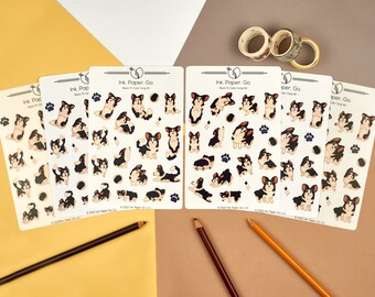 Black Tri Color Corgis Kiss Cut Sticker Sheet Set | tricolored corgi sticker, foxtail corgi, bobtail corgi, cute corgi gift, tricolor corgis