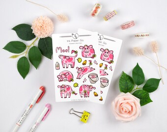 Strawberry Moo Cows Sticker Sheets | Set of 2 | Pink Fruit Berry | Matte or Glossy
