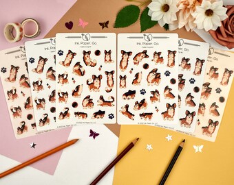 Sable Corgis Kiss Cut Sticker Sheet Set / negro sable corgi sploot, regalo amante de corgi, pegatina corgi esponjosa, corgi con cola, corgi sploot