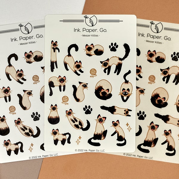 Meezer Kitties Kiss Cut Sticker Sheet | siamese cat sticker, fuzzy cat stickers, white siamese cat, cat familiar stickers, witch cat sticker