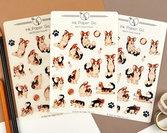 Rote Tri Color Corgis #1 Kiss Cut Sticker Bogen | Rotköpfiger, dreifarbiger Corgis-Aufkleber, niedlicher Cartoon-Corgis-Aufkleber, Corgis-Welpen-Aufkleber, Laib