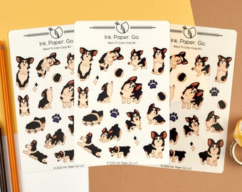 Black Tri Color Corgi #2 Kiss Cut Sticker Sheet | cute bobtail tricolor corgi, fluffy corgi sticker, kawaii corgi puppy stickers, tricolored