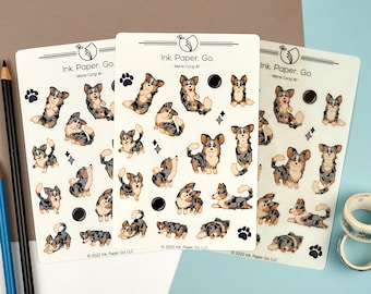 Stickervel Merle Corgi #1 Kiss Cut | sticker blue merle corgi, sticker chibi corgi, leuk cadeau corgi minnaar, corgi met staart, vossenstaartcorgi