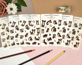 Brindle Corgis Kiss Cut Sticker Sheet Set | striped corgi stickers, foxtail corgi, bobtail corgi stickers, short tail corgi, corgi planner