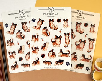 Sable Corgi #1 Kiss Cut Sticker Sheet | red black brown sable corgi sticker, corgi puppy sticker, corgi lover gift, sable and white, sploot