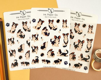 Black Tri Color Corgi #1 Kiss Cut Sticker Sheet | cute tricolor corgi sticker, black corgi sticker, foxtail corgi, chibi corgi stickers