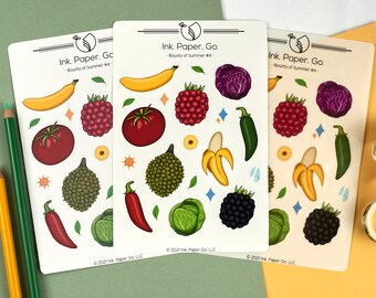 Bounty of Summer #4 Sticker Sheet | 20 Stickers | Matte or Glossy | Banana Durian Blackberry Tropical