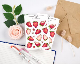 Strawberry Sticker Sheets | 40 Stickers on 2 Sheets | Matte or Glossy | Hand Drawn Stickers
