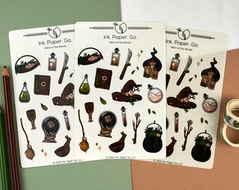 Witch of the Woods Kiss Cut Sticker Sheet | forest witch stickers, cottagecore stickers, green witch, witchcraft stickers, mushroom, gothic