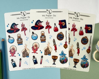 Witch of the Sea Kiss Cut Sticker Sheet | sea witch stickers, mermaid stickers, water witch stickers, ocean stickers, halloween stickers