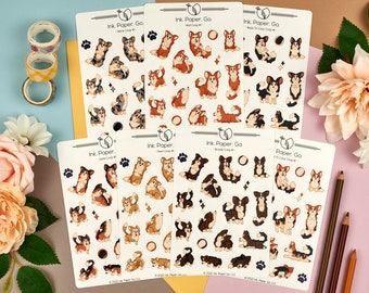 Foxtail Corgi Kiss Cut Sticker Sheet Set | cardigan welsh corgi stickers, corgi with tail, corgi bullet journal, corgi bujo, cartoon corgi