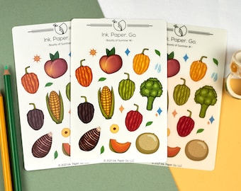 Bounty of Summer #1 Kiss Cut Sticker Sheet | peach sticker, corn sticker, cantaloupe sticker, broccoli sticker, food sticker, fruit sticker