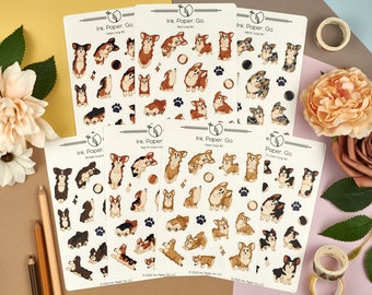 Bobtail Corgi Kiss Cut Sticker Sheet Set | pembroke welsh corgi stickers, short tail corgi stickers, cute cartoon corgis, cute corgi puppy