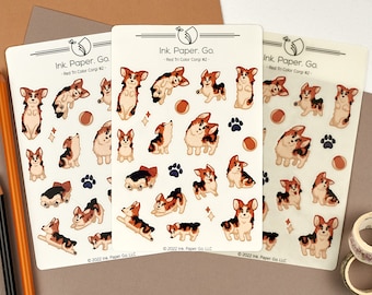 Red Tri Color Corgi #2 Kiss Cut Sticker Sheet | red black white corgi stickers, cute bobtail corgi stickers, red headed corgi, cartoon corgi