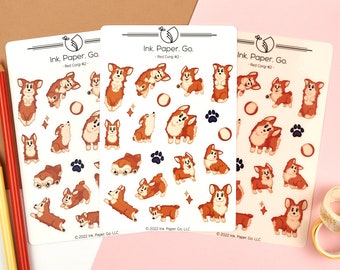 Red Corgi #2 Kiss Cut Sticker Sheet | red pembroke welsh corgi sticker, cute cartoon corgi sticker, bobtail corgi sticker, corgi lover gift