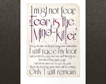 Dune Litany Against Fear quote Fear is the Mind-Killer inspired A4/A3 Calligraphy Art Print