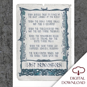 Skyrim Elder Scrolls Dragonborn Prophecy Quote Calligraphy Wall Art Digital Download