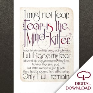 Dune Litany Against Fear quote Fear is the Mind-Killer inspired Calligraphy Art Digital Download