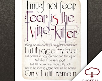 Letanía de Dune contra el miedo cita El miedo es el asesino de la mente inspirado Arte caligráfico Descarga digital