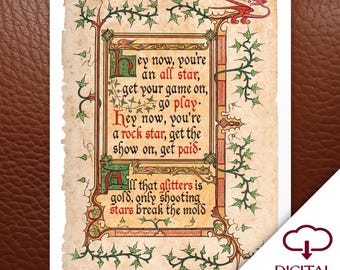 Arte de pared con caligrafía de la letra de Shrek All Star Smash Mouth, página de libro de cuentos de hadas inspirada en la descarga digital