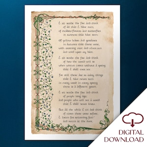 May include: A digital download print featuring a poem with ornate green and blue floral border designs. The text is in a vintage style, with a parchment-like background. The bottom right corner includes the words "DIGITAL DOWNLOAD".