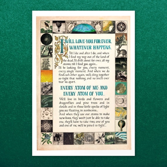 His Dark Materials Quote &quot;Every Atom of Me&quot; Amber Spyglass Philip Pullman Calligraphy Art Print, wedding reading A4/A3