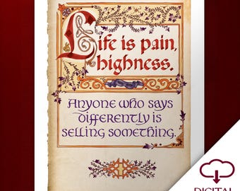 La citazione "La vita è dolore" di The Princess Bride, stampa artistica calligrafica, download digitale della pagina del libro delle fiabe