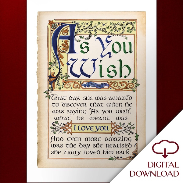 The Princess Bride As You Wish quote Calligraphy Art download, fairytale book page