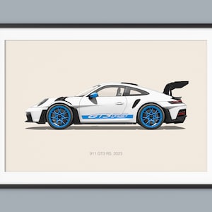 Puede incluir: Un Porsche 911 GT3 RS blanco, un coche deportivo de alto rendimiento, con detalles azules y un gran aler&oacute;n trasero. El coche se muestra en vista de perfil sobre un fondo beige claro. El texto "911 GT3 RS, 2023" est&aacute; impreso debajo del coche.