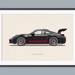 Puede incluir: Un Porsche 911 GT3 RS negro, un coche deportivo de alto rendimiento, se muestra en vista de perfil. El coche tiene un gran aler&oacute;n trasero y detalles rojos en el lateral.
