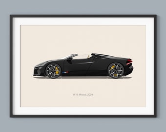 Bugatti W16 Mistral Car Poster Illustration Print Wall Art for Kids Boys Room Decor Children Home Office Art Children Nursery Decor Dorm