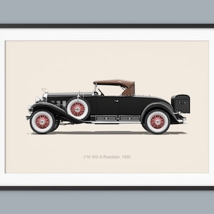 May include: A black 1930 Cadillac V16 452-A Roadster with a brown convertible top. The car has red wheels and is shown against a light beige background.