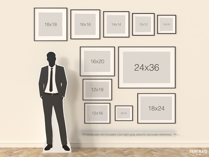 Puede incluir: Un diagrama que muestra diferentes tama&ntilde;os de marcos de fotos, con medidas en pulgadas, contra una pared de color beige claro. Los marcos son negros y las medidas est&aacute;n impresas en texto negro. Una silueta de una persona est&aacute; de pie a la izquierda de los marcos.
